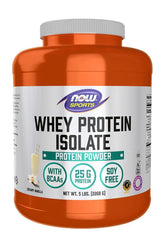 NOW Sports Whey Protein Isolate powder, creamy vanilla flavor, 25g protein, with BCAAs, 5 lbs container.